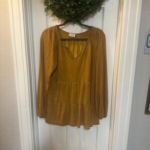 Wonderly Mustard Distressed Seams Long-sleeved Boho Blouse-Medium